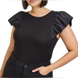 Torrid size 1X flutter sleeve top, mixed fabric ribbed knit with fabric sleeve